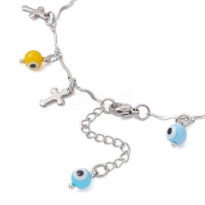 3Pcs 3 Colors Handmade Evil Eye Lampwork & 304 Stainless Steel Cross Tassel Bar Link Chain Anklets for Women AJEW-AN00741-1
