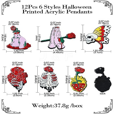 12Pcs 6 Styles Halloween Printed Acrylic Pendants SACR-CJ0001-70-1