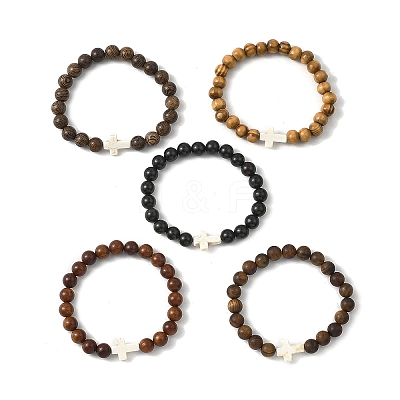 Round Wooden Beads Stretch Bracelets BJEW-JB12671-1