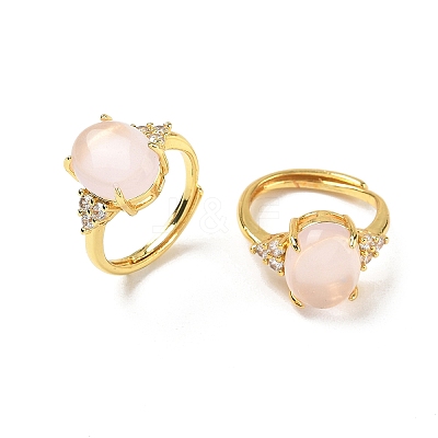 Brass Micro Pave Cubic Zirconia with Natural Rose Quartz Cuff Open Rings RJEW-T035-01G-L-1