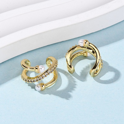 Brass Micro Pave Clear Cubic Zirconia C-Shaped Cuff Earrings EJEW-D328-08G-1