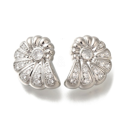 Rack Plating Shell Shape Brass Micro Pave Clear Cubic Zirconia Stud Earrings EJEW-H143-27P-1
