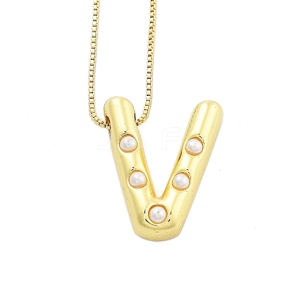 Brass & Plastic Pearl Letter Pendant Box Chain Necklaces for Women NJEW-U017-01G-22-1