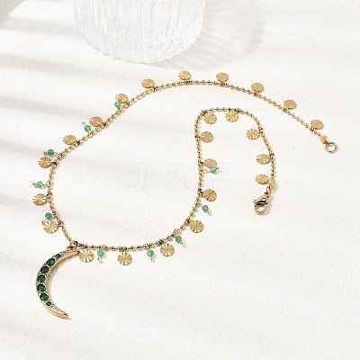 304 Stainless Steel Pave Green Cubic Zirconia Moon Pendant Necklaces for Women NJEW-F362-03G-1