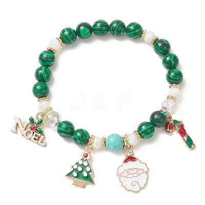 Synthetic Malachite Round Beaded Stretch Bracelet BJEW-TA00251-1
