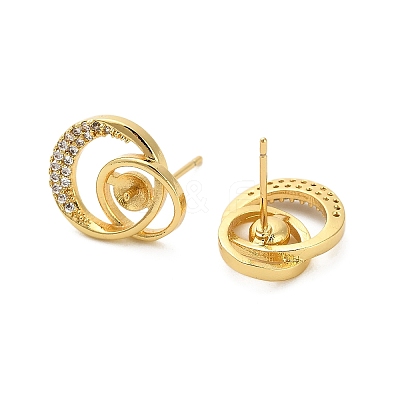 Flat Round Brass Micro Pave Clear Cubic Zirconia Stud Earring Findings KK-D102-09G-1