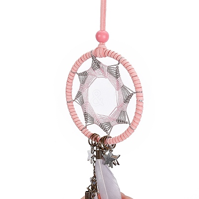 Handmade Round Leather Woven Net/Web with Feather Wall Hanging Decoration LS-HJEW-G015-03-1