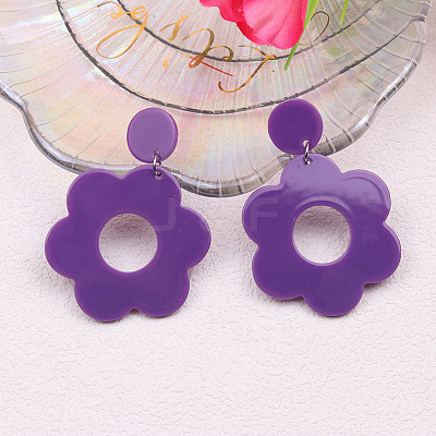 Flower with Flat Round Opaque Acrylic Dangle Stud Earrings FS-WG69462-09-1
