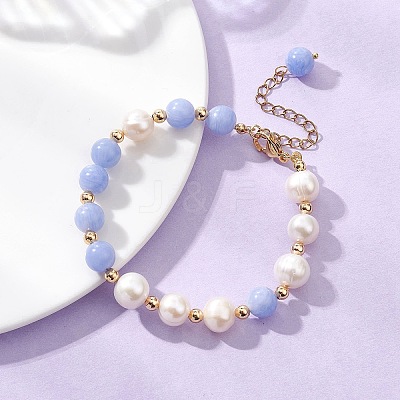 Natural Dyed Blue Lace Agate Beads & Cultured Freshwater Pearl Round Beaded Bracelets for Women BJEW-JB12708-1