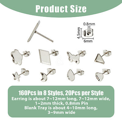 160Pcs 8 Style 304 Stainless Steel Stud Earring Settings STAS-DC0014-79-1