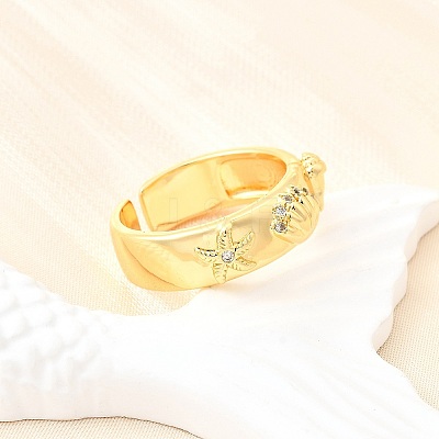 Ocean Theme Brass Micro Pave Cubic Zirconia Cuff Rings for Women RJEW-F184-17I-G-1