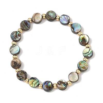 Natural Abalone Shell/Paua Shell Coin Beaded Stretch Bracelets with Round Brass Beads for Women BJEW-JB14169-1