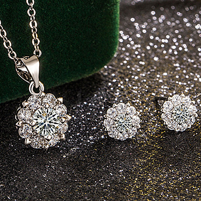 Brass Micro Pave Clear Cubic Zirconia Pendant Necklaces & Stud Earrings FS-WGDAB53-03-1