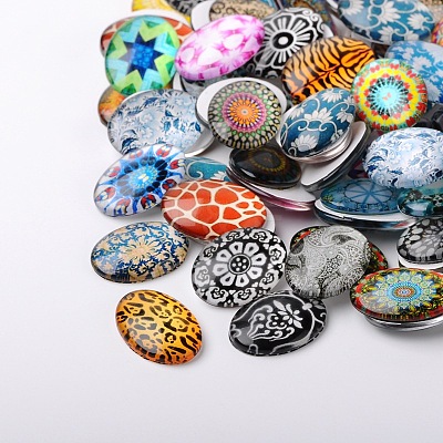 Mosaic Printed Glass Oval Cabochons GGLA-N003-13x18-G-1