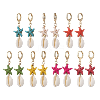 Starfish Synthetic Turquoise Hoop Earrings EJEW-JE06440-1