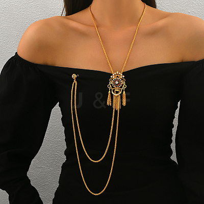 Vintage Gothic Style Brass Pave Cubic Zirconia Flower Long Tassel Lariat Necklace Brooch for Women GO0016-3-1