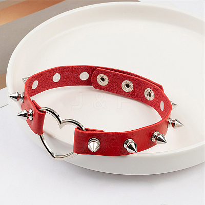 Adjustable Adjustable Gothic PU Leather Alloy Spike Rivet Heart Choker Necklaces for Women NJEW-WH20816-006P-C-1