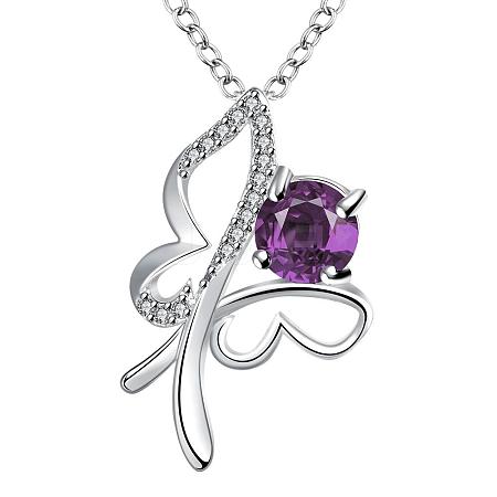Silver Plated Brass Cubic Zirconia Butterfly Pendant Necklaces NJEW-BB06060-C-1