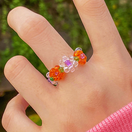 Glass Beaded Stretch Finger Rings for Women FS-WG76F8F-08-1