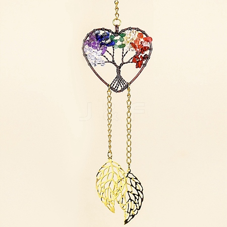 Chakra Natural Gemstone Chips Wire Wrapped Metal Tree of Life Hanging Ornaments PW-WG15E20-03-1