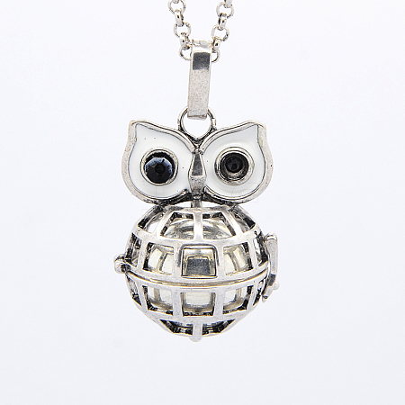 Brass Rolo Chain Owl Chime Ball Cage Pendant Necklaces NJEW-F053-24AS-12-1