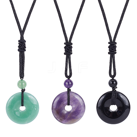 ANATTASOUL 3Pcs 3 Style Natural Mixed Gemstone Donut/Pi Disc Pendant Necklaces Set with Polyester Cord for Women NJEW-AN0001-40-1