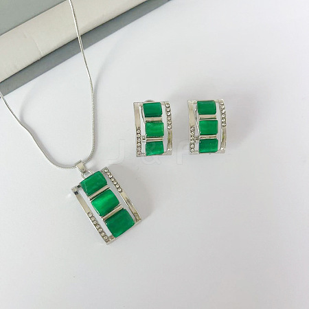 Rectangle Alloy & Cat Eye & Crystal Rhinestone Pendant Necklace & Stud Earring Sets FS-WG998B2-02-1