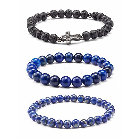 Natural Lapis Lazuli(Dyed) & Lava Rock Round Beads Stretch Bracelets Set BJEW-JB06982-03-1