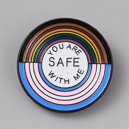 Flat Round & Pride Rainbow with Word You Are Safe with Me Enamel Pins FIND-WH0260-04B-1