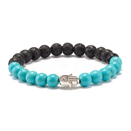 Round Synthetic Turquoise & Natural Lava Rock Stretch Bracelet BJEW-JB07470-04-1