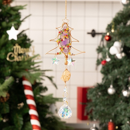 Christmas Theme Wire Wrapped Natural Agate & Metal Christmas Tree Hanging Ornaments PW-WGE3196-01-1