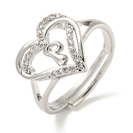 Heart with Letter Rack Plating Brass Micro Pave Clear Cubic Zirconia Adjustable Rings for Women RJEW-I105-01P-P-1