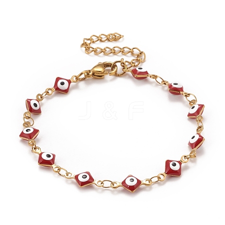 Enamel Rhombus with Evil Eye Link Chains Bracelet BJEW-P271-03G-01-1