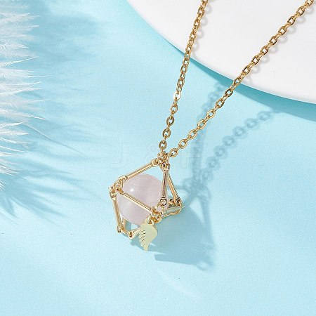 Brass Macrame Pouch Natural Rose Quartz Inside & 304 Stainless Steel Pendant Necklaces for Women NJEW-JN05607-02-1