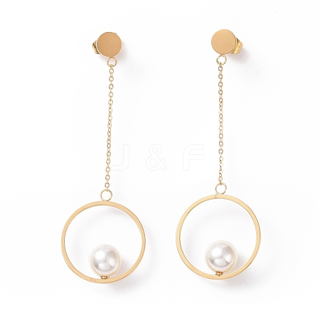 Ring with Imitation Pearl Long Tassel Dangle Stud Earrings STAS-E154-04G-1