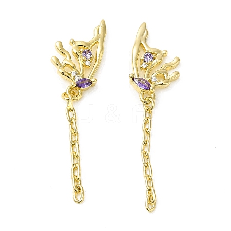 Purple Cubic Zirconia Butterfly Dangle Stud Earring EJEW-H092-09G-1