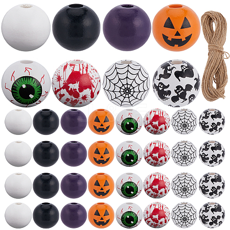 210Pcs 8 Styles Halloween Theme Printed Natural Wooden Beads WOOD-SP0001-07-1