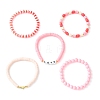 5Pcs 5 Style Word Love Acrylic & Brass Heart & Polymer Clay Disc Beaded Stretch Bracelets Set for Valentine's Day BJEW-TA00314-3