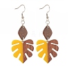 Resin & Walnut Wood Monstera Leaf Dangle Earrings EJEW-JE04877-3