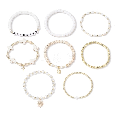 8Pcs 8 Styles Natural & Synthetic Gemstone & Glass & Handmade Polymer Clay & Acrylic Beads Stretch Bracelet Sets BJEW-JB12096-1