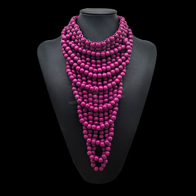 Round Wood Beaded Multi Layered Bib Necklaces for Women FS-WG9E278-08-1
