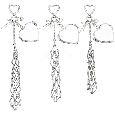 3Pcs 3 Styles 201 Stainless Steel String Bag & Iron & Glass Mirror & Alloy Bowknot Pendant Keychains HJEW-SC0003-32-1