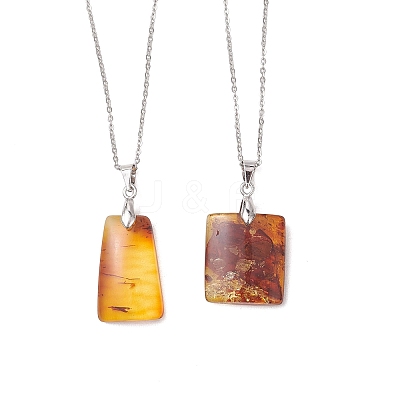 Natural Amber Rectangle Pendant 304 Stainless Steel Satellite Chain Necklaces NJEW-JN05981-01-1