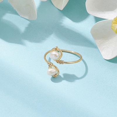 Copper Wire Wrapped Natural Cultured Freshwater Pearl Toe Open Ring RJEW-JR00620-1