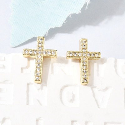 Cross Brass Micro Pave Clear Cubic Zirconia Stud Earrings EJEW-C186-18G-01-1