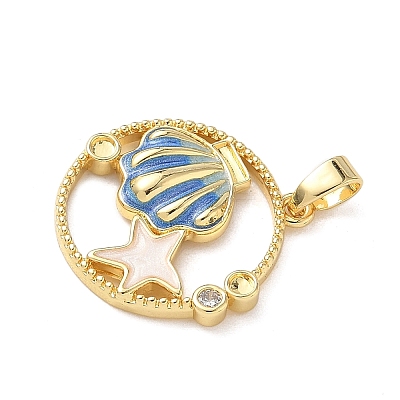 Flat Round with Shell Shape Brass Micro Pave Clear Cubic Zirconia Pendant Cabochon Settings KK-P334-17G-01-1