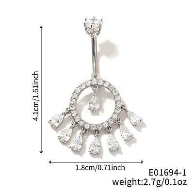 Brass Full Crystal Rhinestone Shiny Hollow Ring Tassel Curved Barbell Belly Button Rings CT4144-1-1