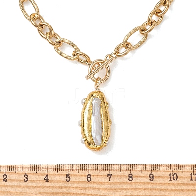 Electroplated Baroque Natural Keshi Pearl Oval Pendant 304 Stainless Steel Figaro Chain Necklaces with OT Clasps for Women NJEW-JN06296-1