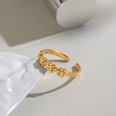 304 Stainless Steel Rhinestone Flower Cuff Open Rings for Women EY7993-1