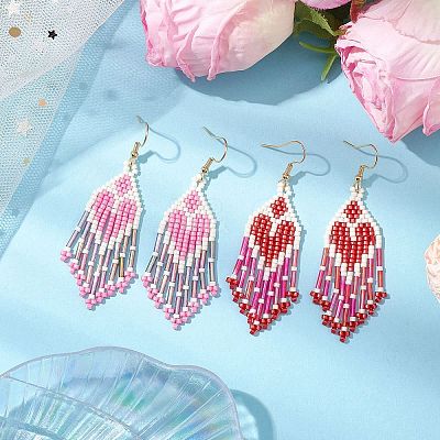 2 Pairs Heart Glass Seed Beaded Tassel Dangle Earrings for Women EJEW-MZ00201-1